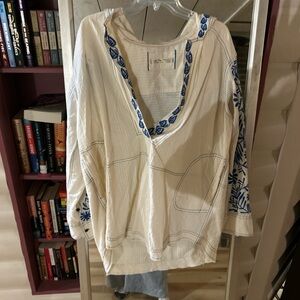 We The Free Ivory and Cobalt Embroidered Blouse